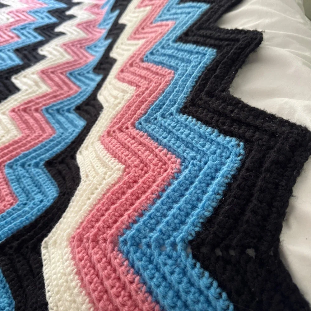 Handmade Crochet Afghan Blanket Chevron Ripple Pink Blue Black 80x132 Throw XL